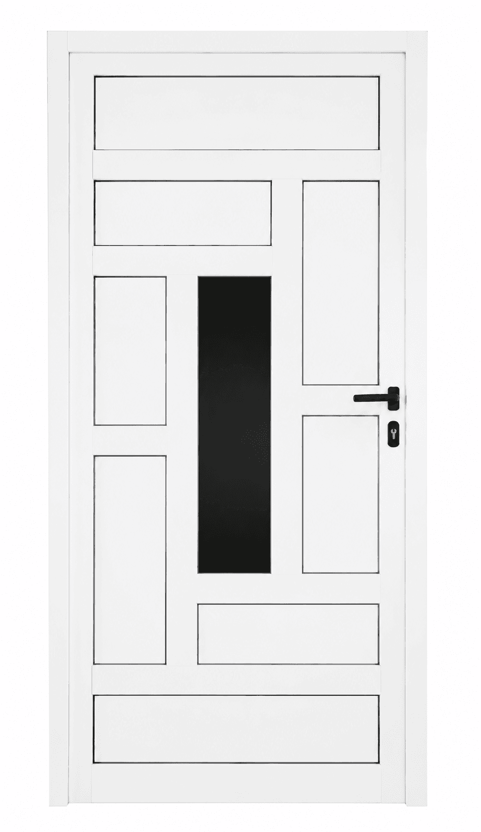 Puerta de diseño combinado con chapa de aluminio y cristal central