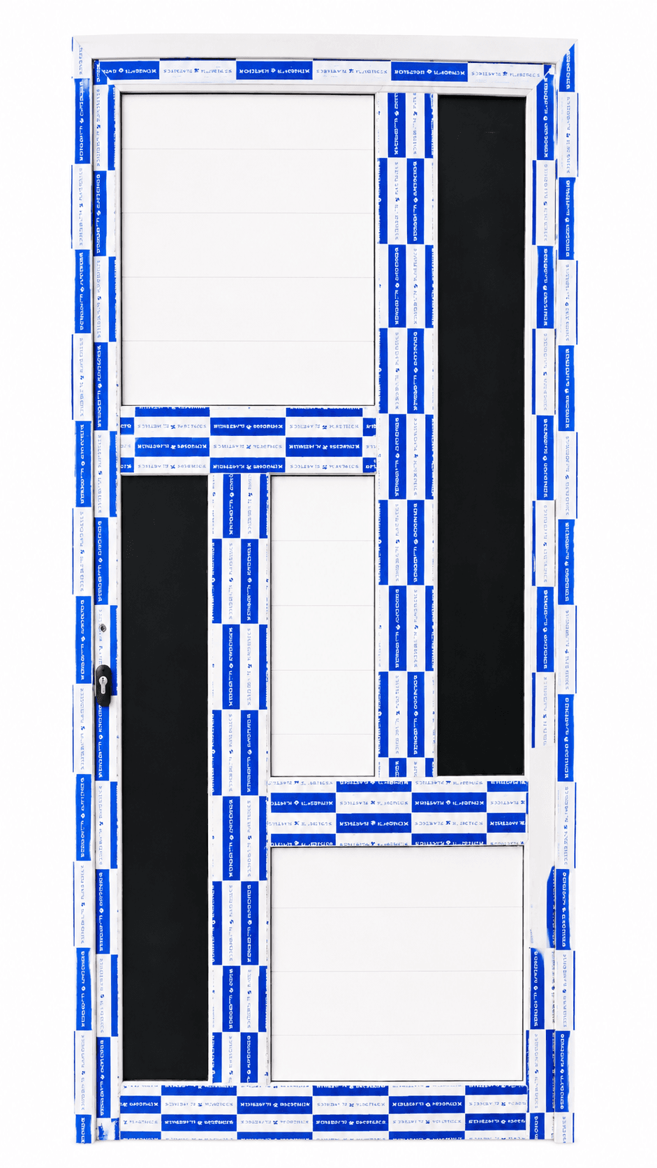 Puerta de diseño combinado con chapa de aluminio y 2 cristales